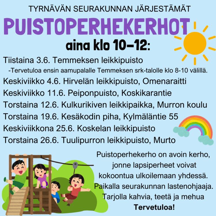 Puistoperhekerho Temmeksellä puistoperhekerhojen aikataulut