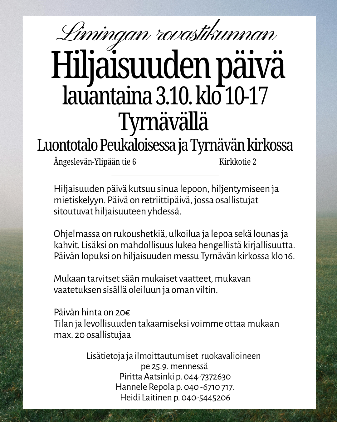 kuvan taustana peltomaisema ja kuvan päällä ilmoituksen teksti