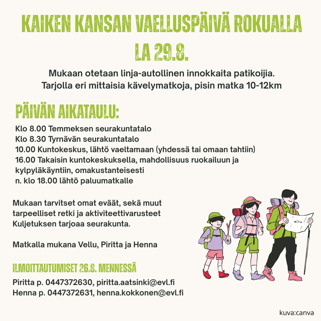 kuvassa ilmoituksen teksti sekä kuva kolmesta retkeilijästä