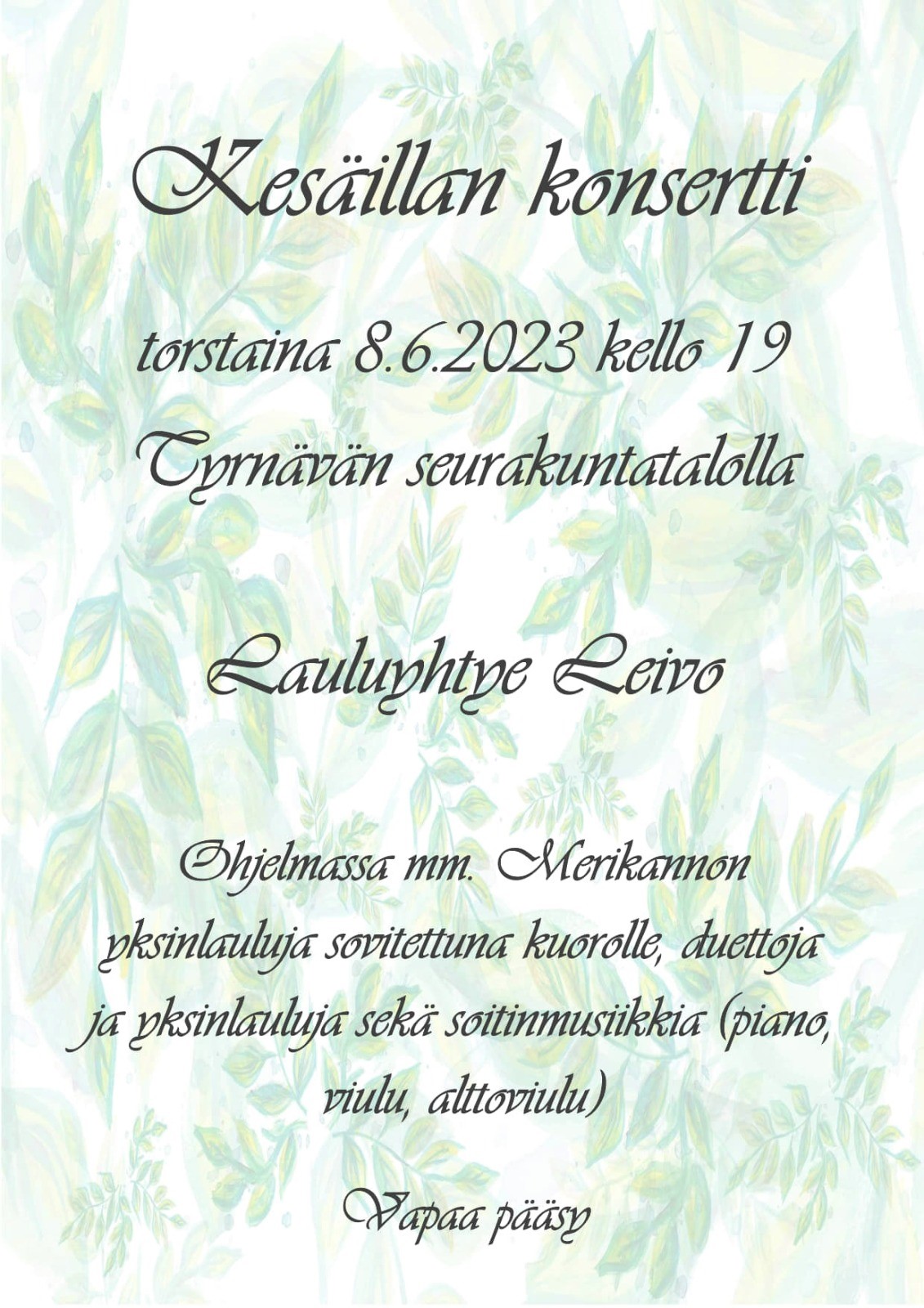 Kesäillan konsertti to 8.6. klo 19 Tyrnävän srk-talolla