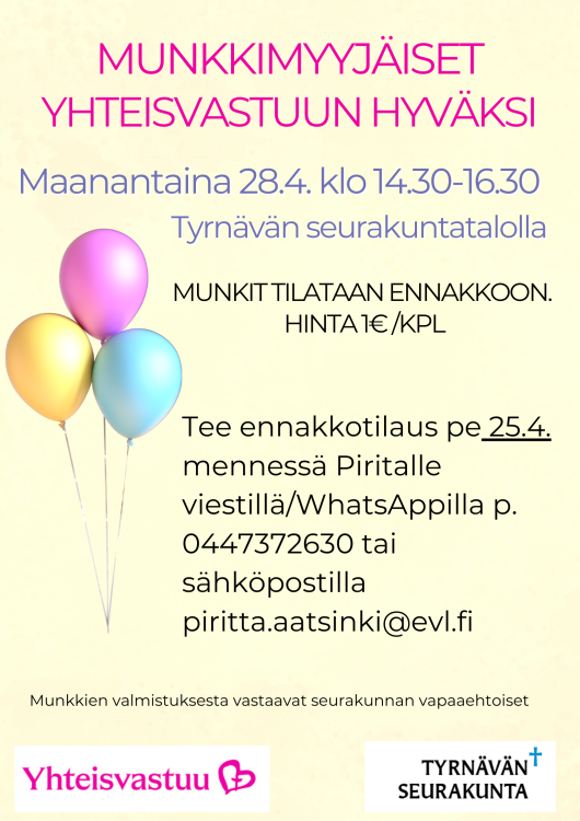 Munkkimyyjäiset kuvassa ilmapalloja ja ilmoituksen sisältöä vastaava teksti