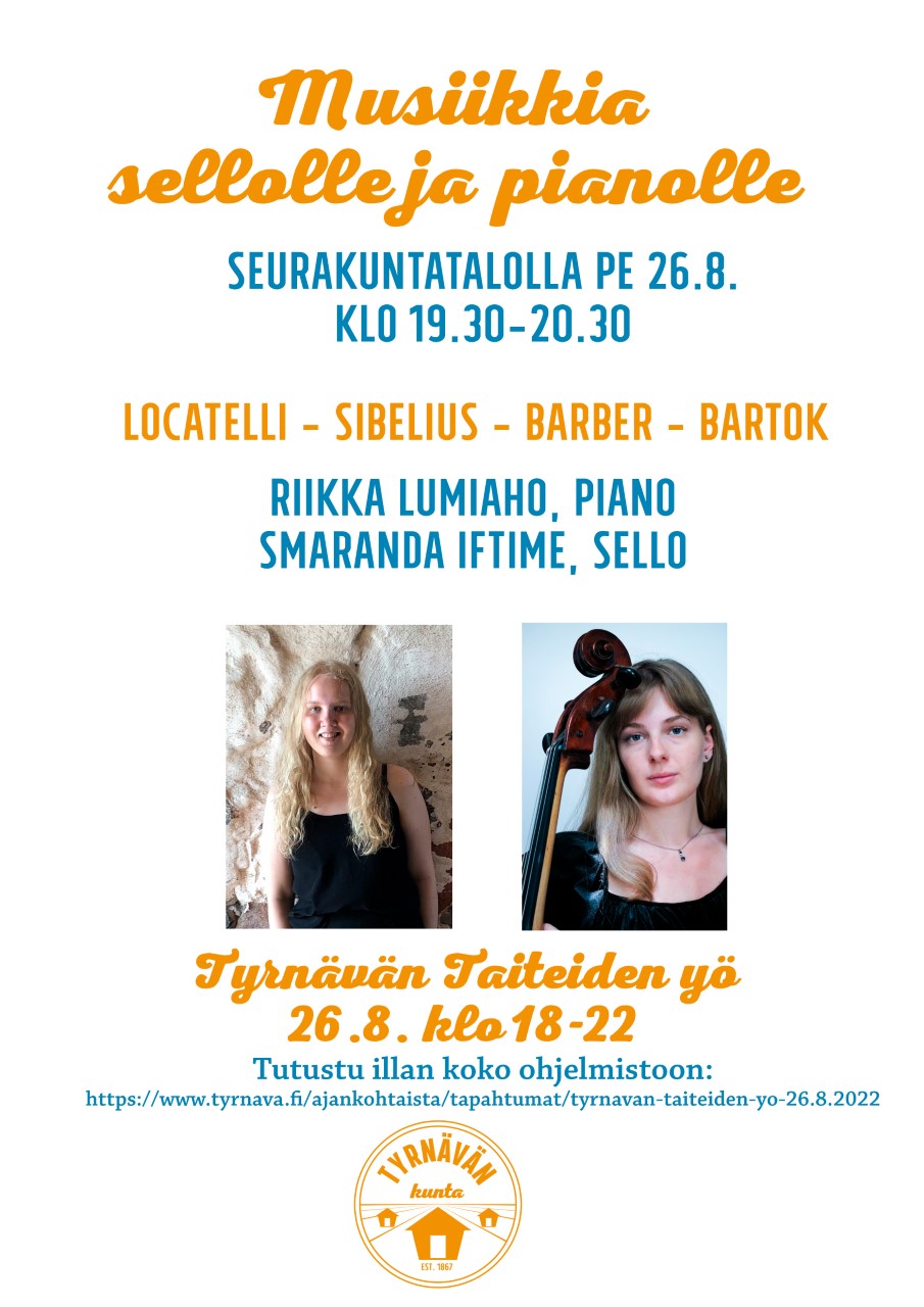 Musiikkia sellolle ja pianolle klo 19.30 - 20.30 Tyrnävän srk-talolla