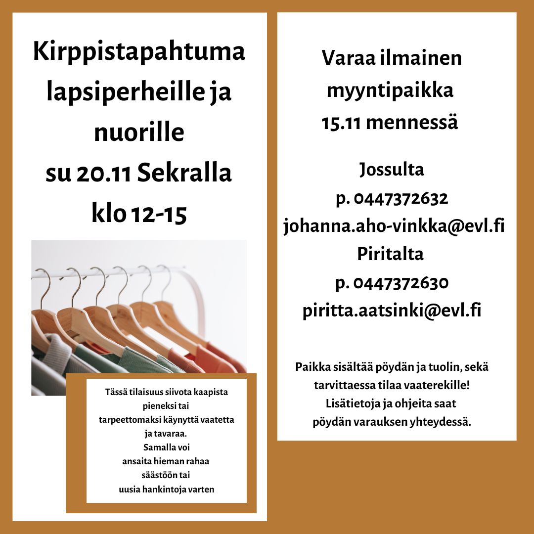 kuva sisältää tapahtuman ilmoitustekstin ja kuvan vaatehengareista