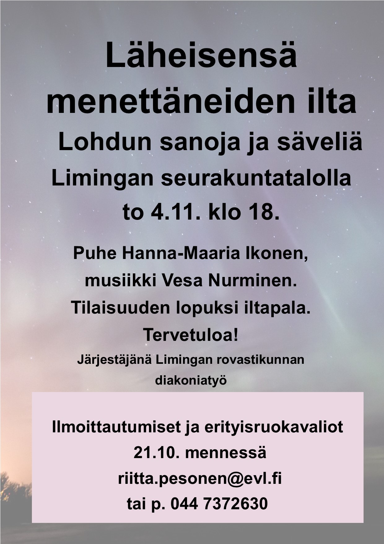 Läheisensä menettäneiden ilta Limingan srk-talolla torstaina 4.11. klo 18.00